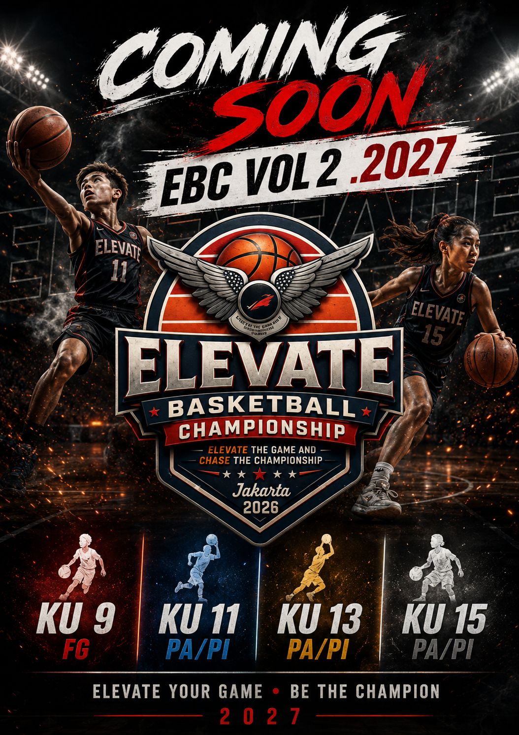 Poster Coming Soon — EBC Vol. 2 2027, kategori KU 9 FG · KU 11 · KU 13 · KU 15 PA/PI
